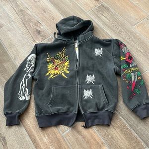 トップス archive Ed Hardy zip hoodie grunge y2k Ed Hardy Zip Up Hoodie Grey Heart Skull Tattoo Love Kills